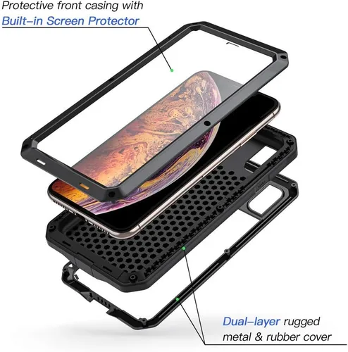 Vista 2 de Lanhiem Funda de metal para iPhone X/Xs, resistente a los golpes [Tough Armour] con protector de pantalla de vidrio integrado, funda protectora