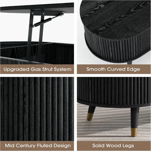Vista 8 de Mesa auxiliar ovalada con almacenamiento, mesa de centro acanalada de 42.5 pulgadas con parte superior de elevación y patas de madera maciza, mesa
