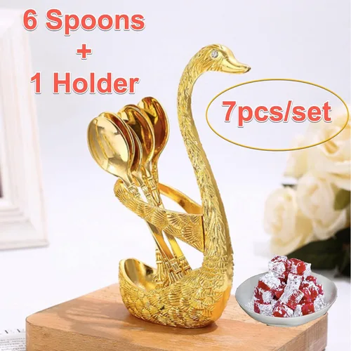 Vista 7 de Swan Spoon Eid - Juego de cubiertos de cuchara pequeña – Cubertería festiva de lujo, decoración moderna con soporte de 7 piezas (dorado)
