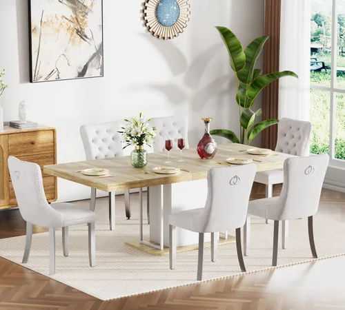 Vista 45 de Juego de mesa de comedor extensible de 5 piezas, juego de mesa de comedor extensible de estilo granja para 4, mesa de cocina expandible de madera