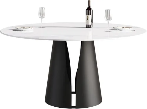 Vista 9 de Mesa de comedor moderna de 59.05 pulgadas para 8, mesa de comedor con piedra sinterizada blanca y base de acero al carbono negro, mesa de cocina