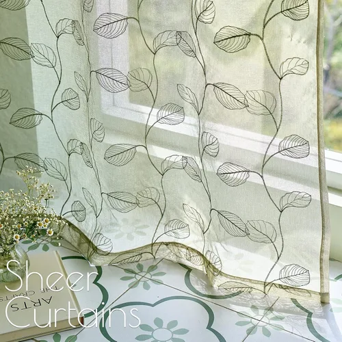 Vista 4 de Lazzzy Cortinas traslúcidas con hojas bordadas (2 piezas)