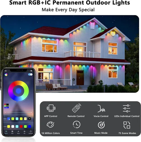 Vista 7 de Luces permanentes para exteriores, 100 pies con 60 luces LED RGB+IC para casa, 75 modos de escena, luces de alero impermeables IP68 compatibles