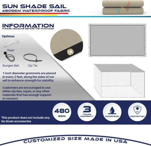 Vista 4 de Windscreen4less 2 x 2 pies, toldo de sol resistente de 480GSM impermeable con borde recto para toldo al aire libre, bloque UV para césped, patio