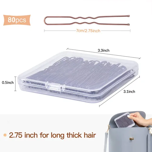 Vista 2 de IKOCO - 80 horquillas para el cabello en forma de U de 2.75 pulgadas con caja de almacenamiento, color marrón
