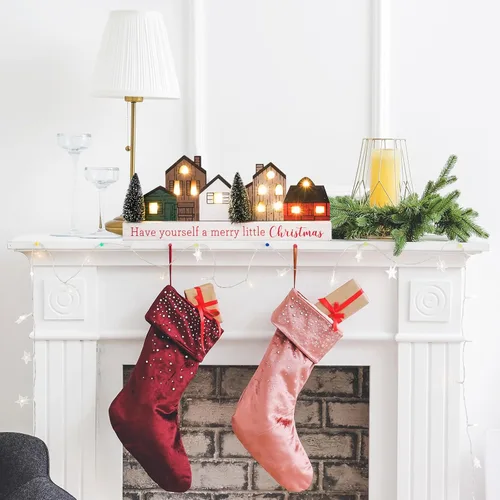 Vista 2 de Decoraciones de Navidad para el hogar, decoración de árbol de Navidad con temporizador de madera rústica de madera, bloque de mesa de granja