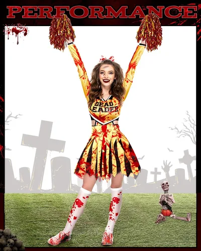 Vista 4 de Jecery El disfraz de Zombie Fearleader incluye disfraz de animadora, 2 pompones de animadora de papel metalizado, calcetines de Halloween, 1 lazo