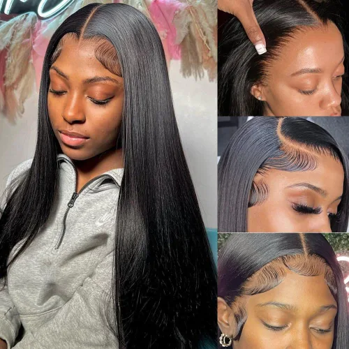 Vista 7 de Pelucas de cabello humano lacio con encaje frontal de 13 x 4, para mujeres negras, densidad del 180 %, pelucas de cabello humano con encaje frontal