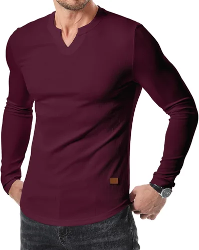 Vista 26 de JMIERR Camisetas de manga larga para hombre, estilo casual, cuello en V Negro+Blanco