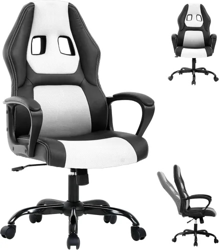 Vista 10 de Silla ergonómica para juegos de PC, silla de computadora con respaldo alto, soporte lumbar, ajustable, giratoria, de piel sintética, silla de Azul