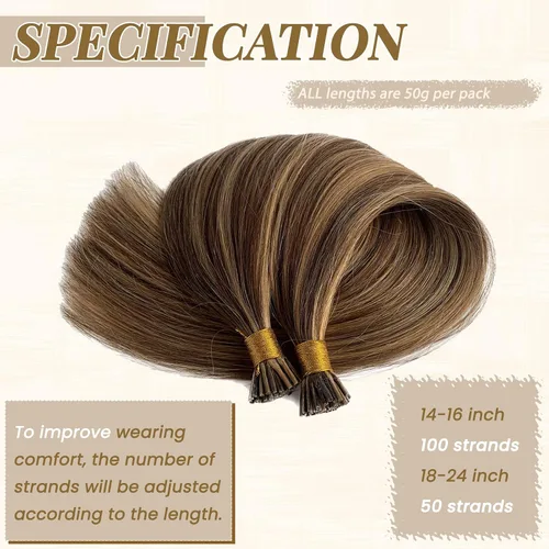 Vista 5 de Extensiones de cabello humano con punta en I para mujeres, reflejos marrones medios con punta en I rubio, extensiones de cabello humano de queratina