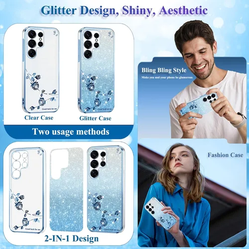 Vista 5 de Kainevy - Funda para Samsung Galaxy S23 Ultra, funda transparente con purpurina rosa floral para mujeres y niñas, bonita funda para Samsung S23
