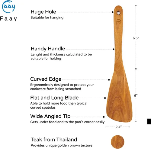 Vista 2 de FAAY Espátula de madera de teca izquierda de 11.5 pulgadas Espátula versátil, duradera, saludable y alta resistencia a la humedad para utensilios