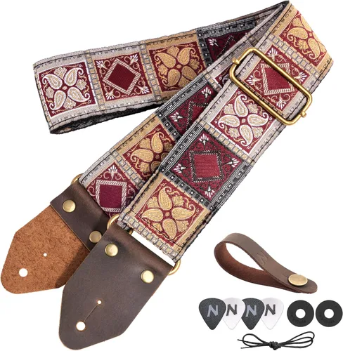 Vista 10 de Nefelibata Correa de guitarra, correas de guitarra de algodón bordado jacquard con extremos de cuero de caballo loco para bajo, eléctrico