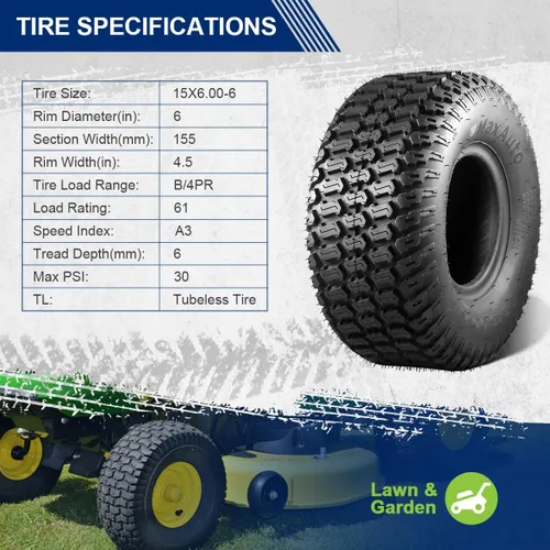Vista 3 de MaxAuto Fox V2 - Juego de neumáticos para cortacésped (15x6.00-6), Reemplazo de neumático 15x6x6nhs para cortacésped, Tractor de jardín, Neumático