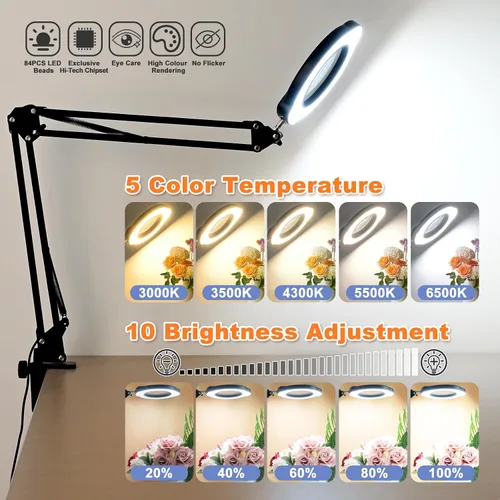 Vista 3 de Lupa de 15X con luz y abrazadera, lámpara de escritorio con lupa iluminada, lámpara LED con luz y abrazadera, 5 modos de color, 10 brillos