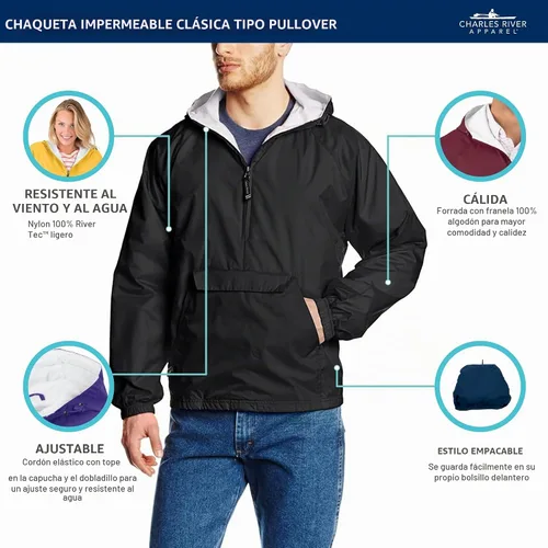 Vista 4 de Charles River Apparel Jersey clásico a rayas unisex, cortavientos resistente al agua para hombres y mujeres Negro