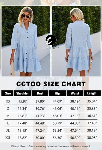 Vista 6 de CCTOO - Vestido de verano para mujer - Vestido camisero informal con cuello en V, manga 34 y botones, estampado floral, suelto y fluido