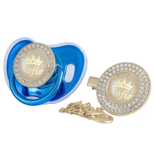 Vista 10 de Juego de Chupete y Clip Personalizado con Cualquier Nombre, Bling Oro Plata, 18 Colores, Libre de BPA, Diseño Único Lujoso, Chupete Ideal para Bebé