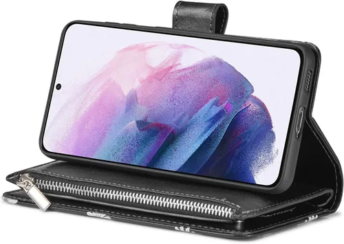 Vista 6 de UEEBAI Funda tipo cartera para Samsung Galaxy S21 FE 5G, funda de piel sintética con cierre magnético, bolsillo con cremallera, ranuras