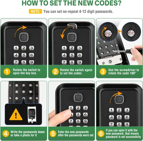 Vista 8 de HUANLANG Caja de seguridad para llaves con código, cajas de llaves impermeables para montaje en pared, 12 dígitos, teclado para llaves de casa