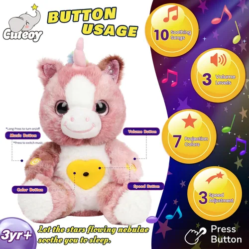 Vista 2 de Proyector de estrellas de unicornio rosa sucio de felpa, luz nocturna musical, ajustable, animales de peluche, juguetes de peluche brillantes