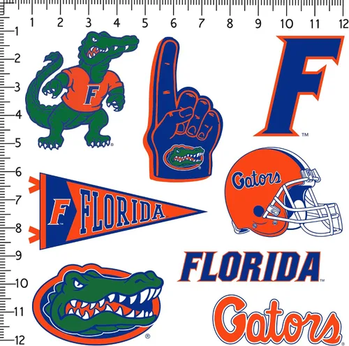 Vista 2 de University of Florida Gators Paquete de calcomanías de vinilo con logotipo primario – 9 calcomanías impermeables troqueladas con mascota de Gator