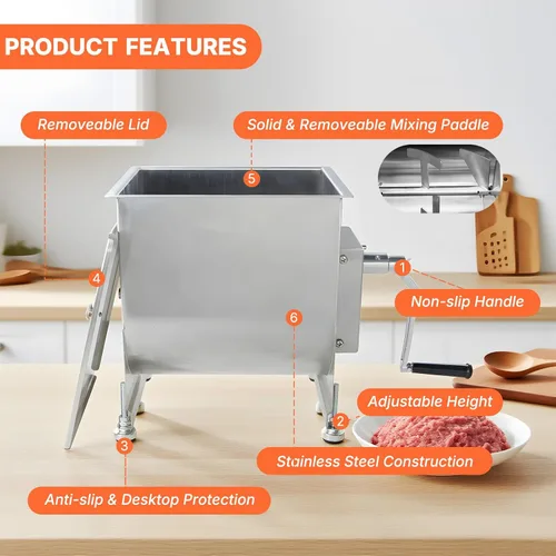 Vista 4 de Hakka Mezcladores de carne manuales de acero inoxidable de 10 litros/20 libras de capacidad con tanque fijo, máquina mezcladora de salchichas