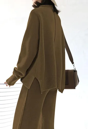 Vista 5 de HUUSA Conjunto deportivo de 2 piezas para mujer, manga larga, cuello alto, suéter de punto, sin botones, cintura alta, piernas anchas, conjunto
