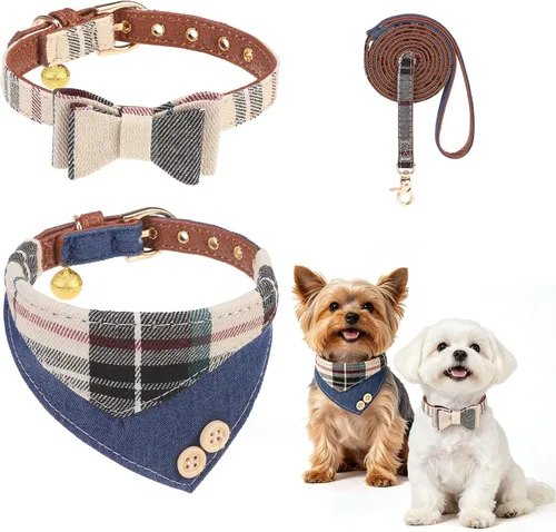 Vista 10 de BINGPET Juego de collar y correa para cachorro con pajarita, pañuelo a Beige