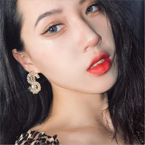 Vista 3 de Aretes de cristal con signo de dólar para mujer, aretes colgantes con declaración de dinero, colección KELMALL