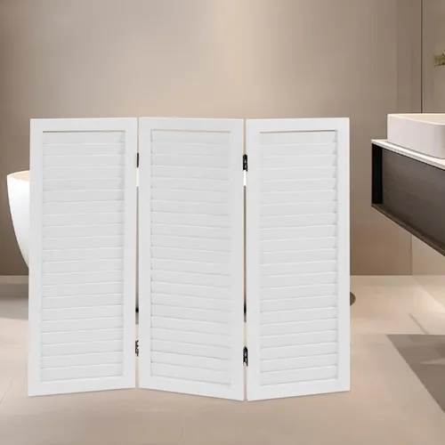 Vista 9 de Pantalla divisora de habitación de 3 paneles, partición de madera plegable independiente, persianas de 2.6 pies de alto, divisor plegable