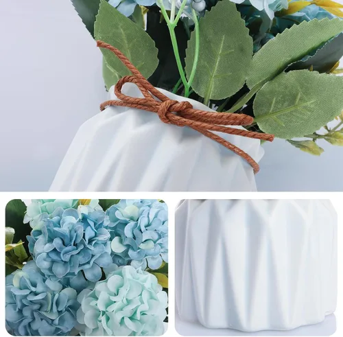 Vista 3 de Fumwase Ramo de hortensias artificiales con pequeño jarrón de cerámica, plantas de flores artificiales, mini flores de hortensias falsas, decoración