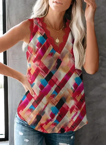 Vista 232 de VIISHOW - Camiseta sin mangas, sexy, con cuello en V y bordes de encaje para mujer, camisola de vestir, camisas de gasa, sin mangas, casuales