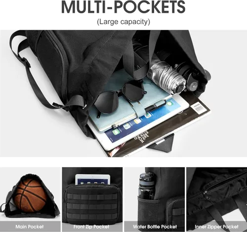 Vista 3 de G4Free Mochila con cordón para gimnasio, bolsa de baloncesto de fútbol con compartimento para zapatos, bolsa deportiva táctica, Negro -, Classic