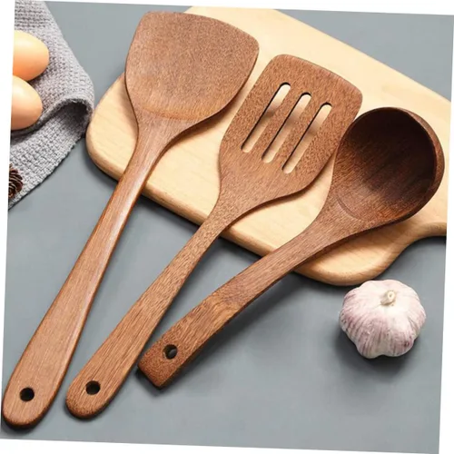 Vista 6 de 3 Uds Práctica Cuchara de Madera Cocinar Esquina Raspador Mango Largo Cuchara de Sopa Cuchara de Servir Comida Cuchara de Cocina Mango Largo Pala