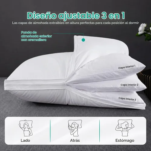 Vista 2 de Three Geese Almohada de plumas de ganso de capa ajustable, almohada de cama ensamblable, funda 100% algodón orgánico suave, buena para dormir boca