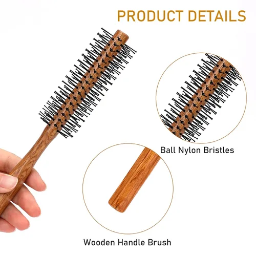 Vista 3 de Cepillo redondo con punta de bola con mango de madera y cerdas de nailon para cabello corto, flequillo, barbas de hombres y secado por soplado