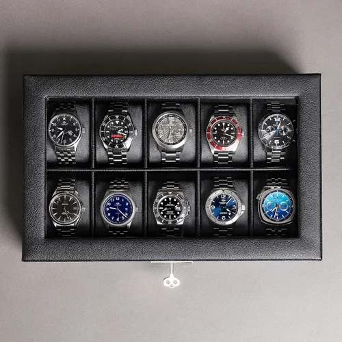 Vista 9 de ROTHWELL Caja de reloj de cuero con 10 ranuras, organizador de joyas de lujo, soporte para reloj con tapa de cristal grande, organizador de caja