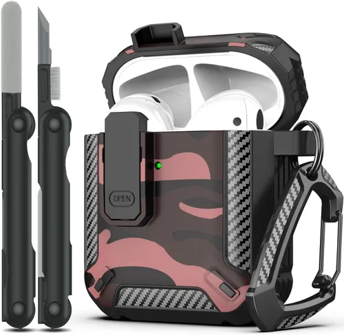 Vista 24 de RFUNGUANGO Funda para AirPod de 2ª generación con kit de limpieza, armadura protectora de carcasa dura militar con bloqueo para funda de carga