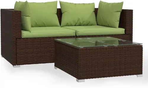 Vista 23 de 3-Seater Outdoor Rattan Sofa with Green Cushions, Brown PE Rattan Modular Design with Steel Frame, Five Back Pillows and Flat Surface for Drinks