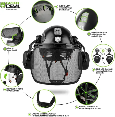 Vista 2 de Casco de seguridad para motosierra forestal GREEN DEVIL con orejeras Bluetooth Casco de arborista Casco duro con visera incorporada Protector facial