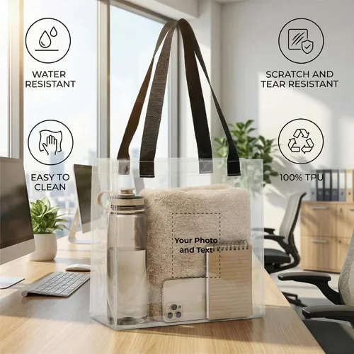 Vista 5 de Bolsas de mano personalizadas para estadios, transparentes personalizadas, diseño de TPU de 12.2 x 12.2 x 6.3 pulgadas con asas, ideal para eventos