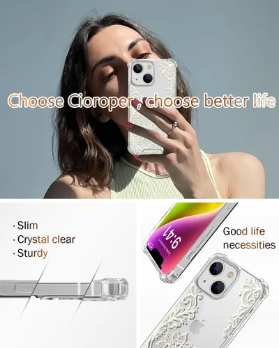 Vista 6 de Funda de cristal para iPhone 11 Pro (2019) de 5.8 pulgadas, bonita funda protectora transparente, diseño floral de encaje blanco [no amarillento]