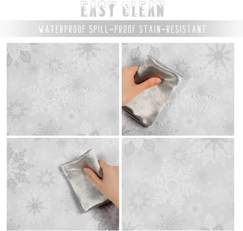 Vista 7 de Mantel de Navidad, mantel de copo de nieve gris y blanco, mantel impermeable de Navidad gris para comedor, cocina, vacaciones de invierno, funda