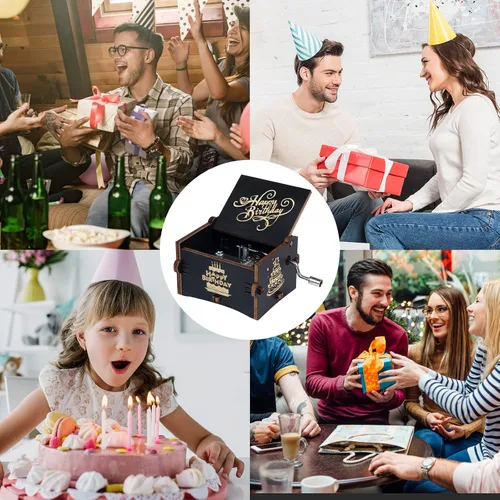 Vista 5 de Caja de música de feliz cumpleaños, con manivela grabada, cajas musicales de madera vintage, regalo para novio, novia, mamá, papá, niños, abuela