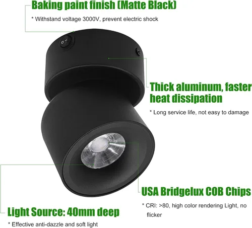 Vista 6 de Paquete de 2 Focos LED COB de Techo Downlight de 12V con Interruptor, Montaje en Superficie 330° Ajustable Regulable Luz de Pared para RV Lámpara