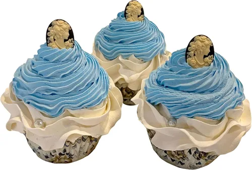 Vista 8 de Juego de 3 cupcakes falsos para tartas artificiales, hechas a mano por Dezicakes, cupcakes artificiales Azul