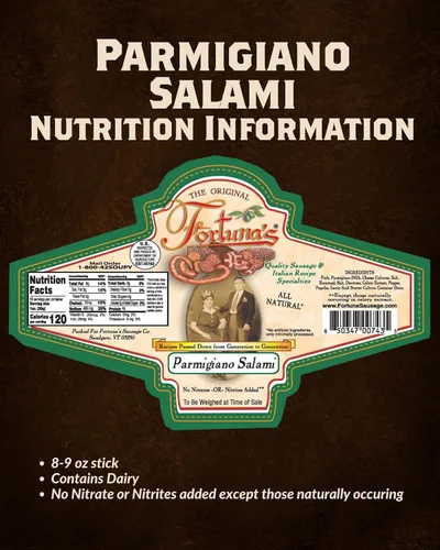 Vista 4 de Fortuna's Parmigiano Salami - Sin nitratos y gluten, cerdo totalmente natural, curado en seco, fabricado en Estados Unidos con queso parmigiano