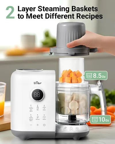 Vista 3 de Bear Vaporizador y licuadora de alimentos para bebés con cestas de vapor de Blanco